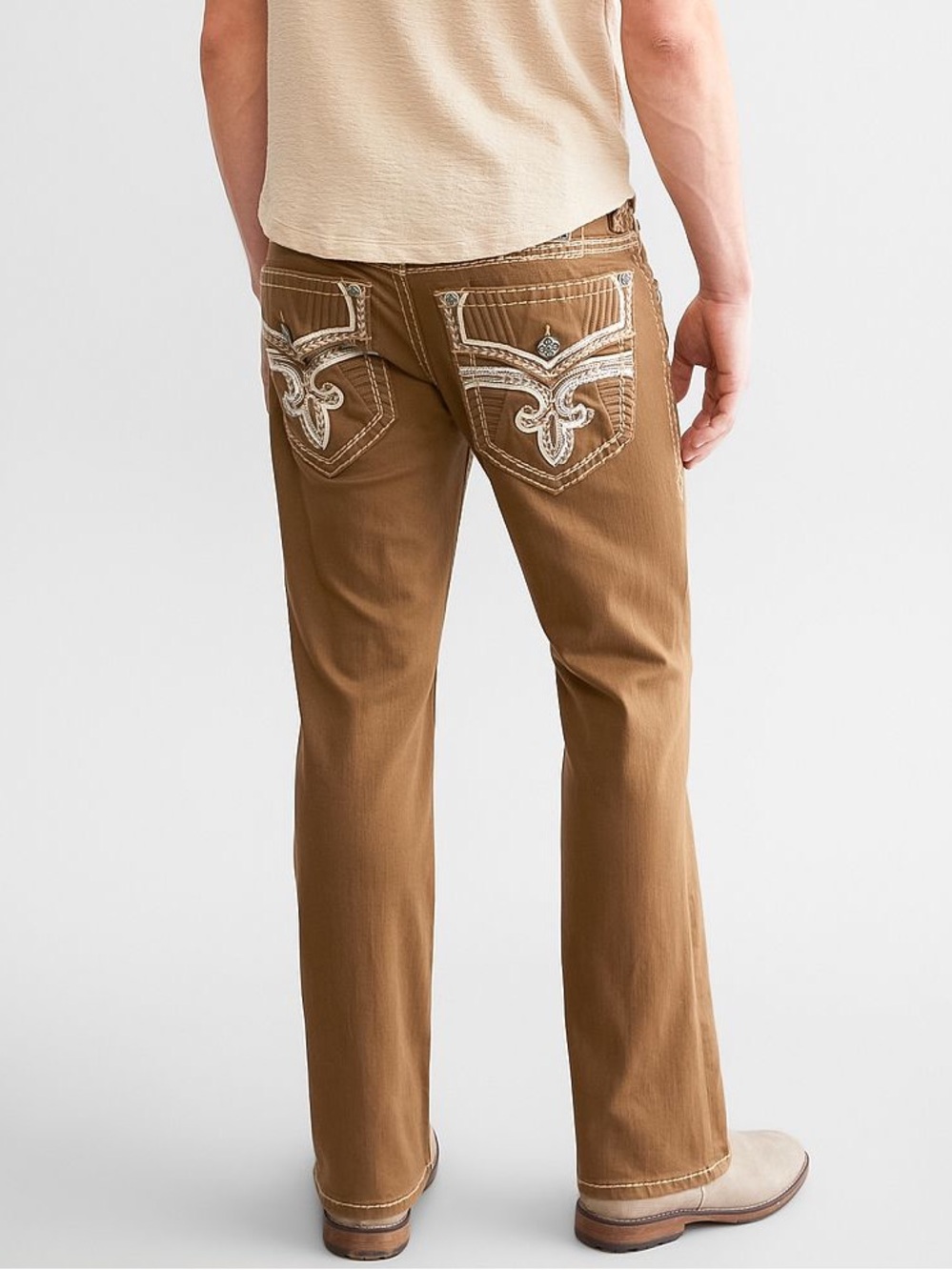 Rock Revival Mack Slim Boot Jeans Mens 26 Brown Fleur de Lis Y2K